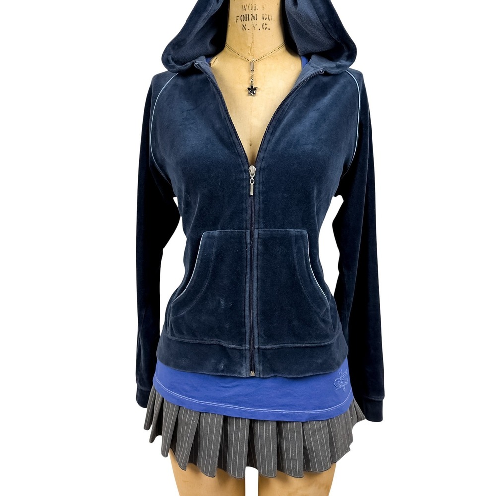 Y2K Navy Velour Zip Up Hoodie Blue Piping Kangaroo Pockets Track Velvet Sweater